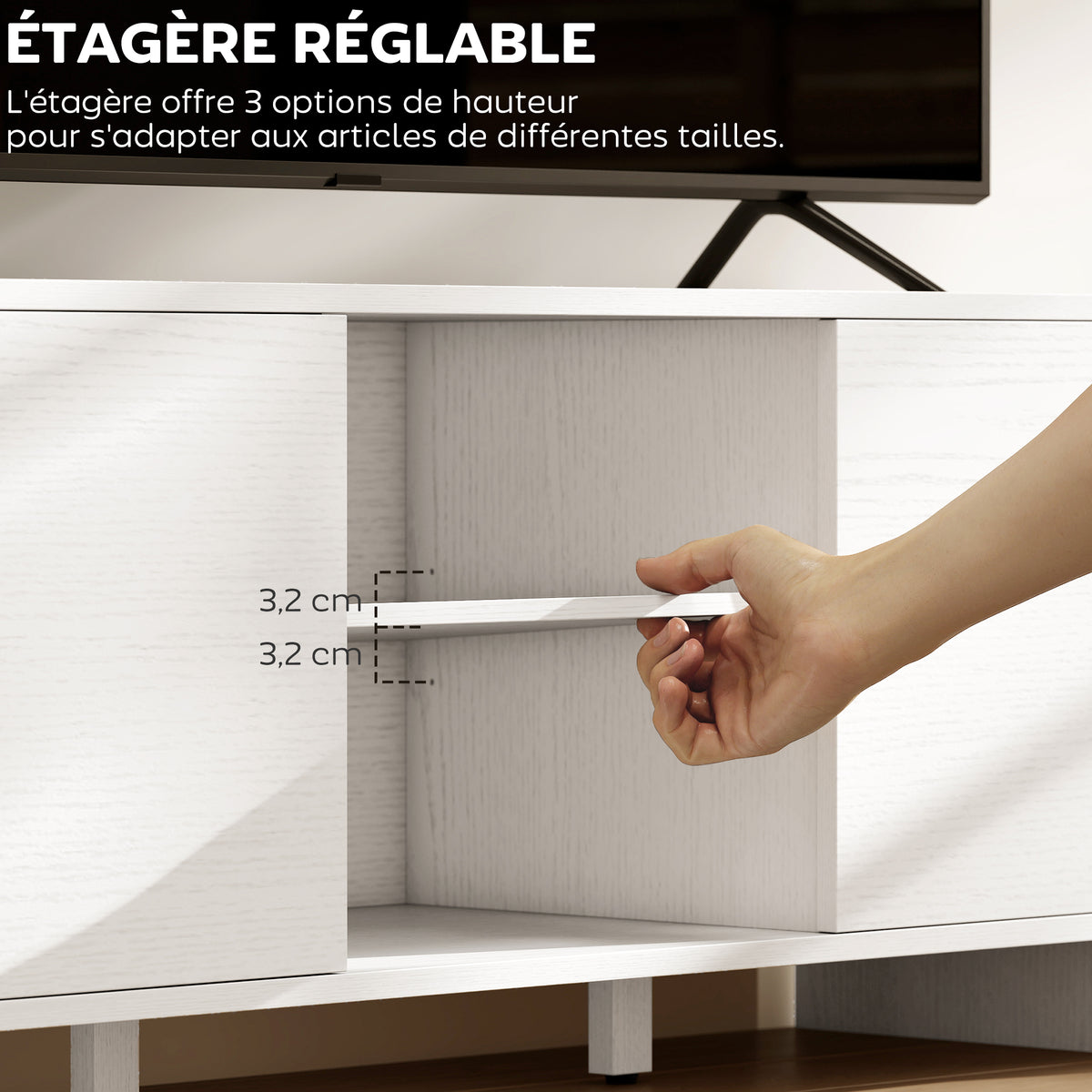 Meuble TV meuble télé pour téléviseur jusqu'à 55 pouces 2 portes 2 compartiments étagère réglable 110x35x45cm blanc