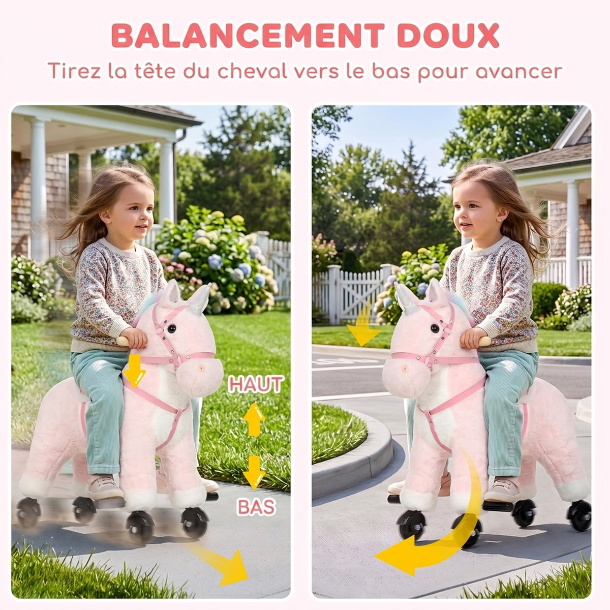 Reitpferd für Kinder, Plüsch-Pferd auf Rollen mit Soundeffekten, für 1 bis 3 Jahre, max. Tragkraft 40 kg, Rosa