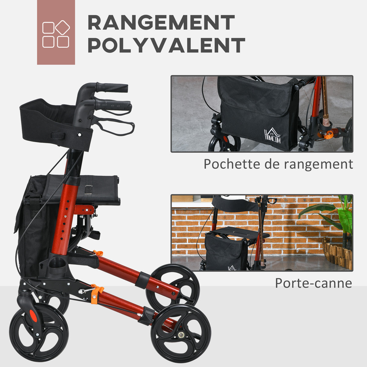 Déambulateur 4 Roues Pliable en Aluminium, Hauteur Réglable 6 Positions, Freins Doubles, Rangement, 64x67x92cm, Rouge