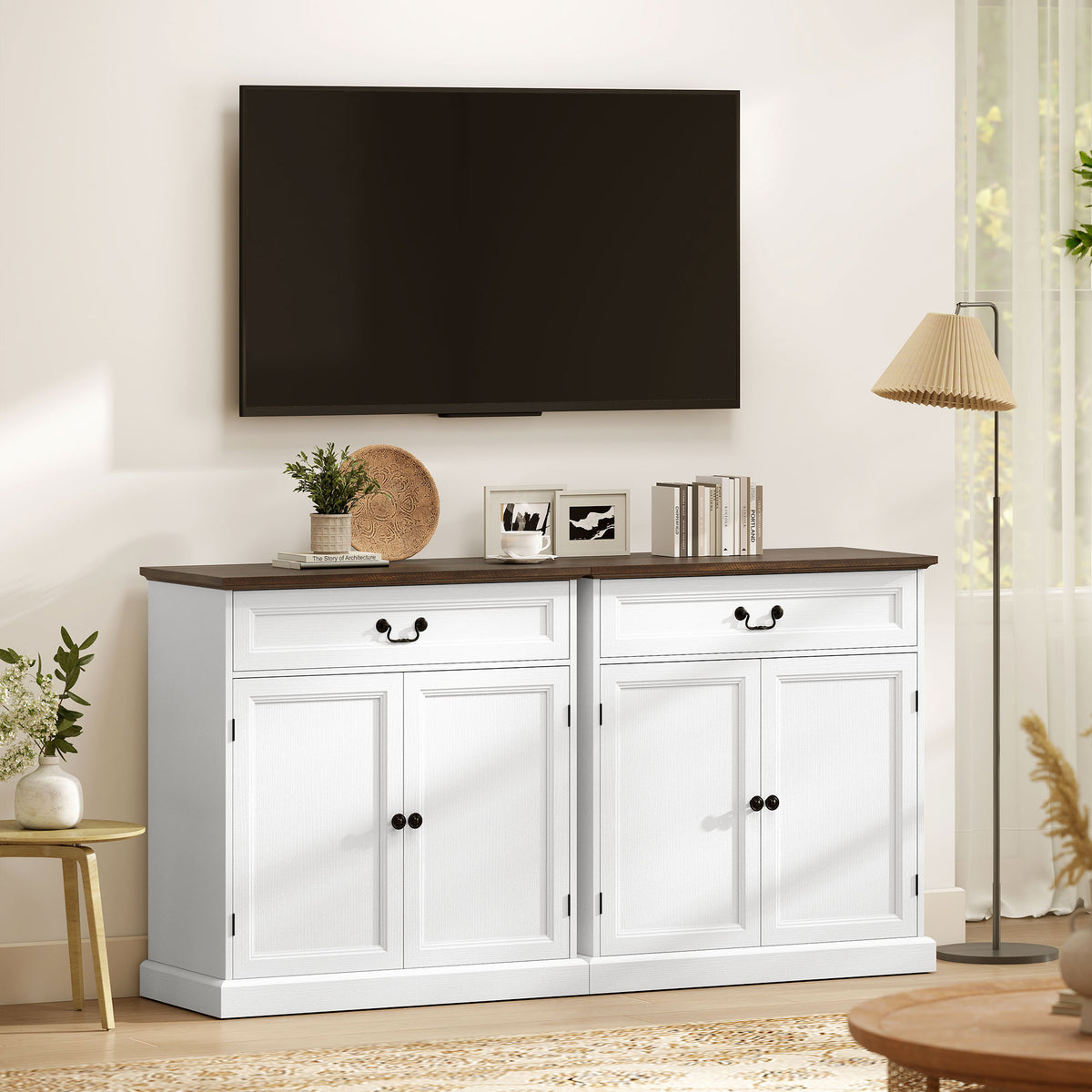 Credenza da soggiorno, mobile contenitore con 2 ante, cassetto silenzioso, ripiano regolabile, 80x40x85cm, bianco e marrone