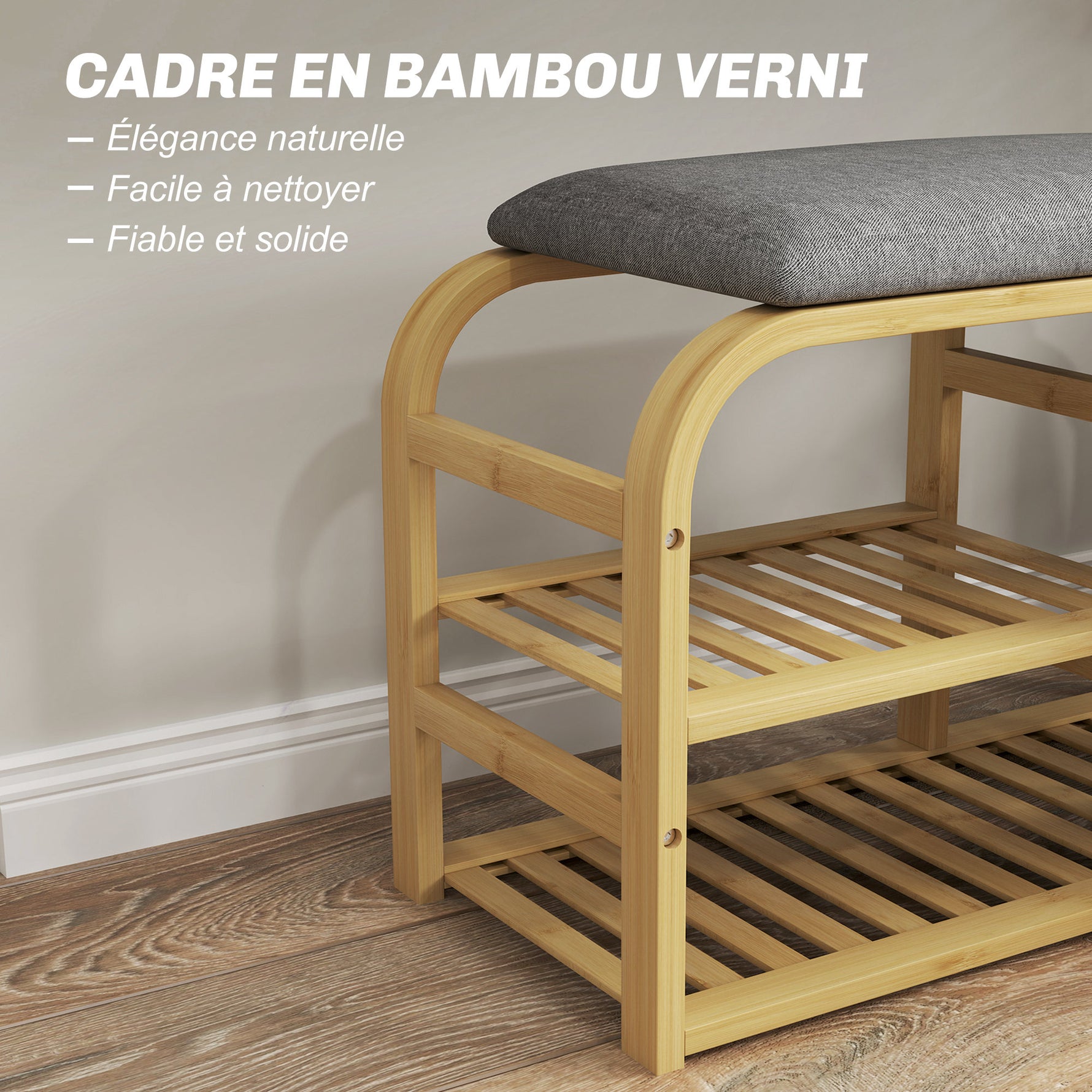 Banc à chaussures avec coussin d'assise, 2 étagères à lattes et panier en tissu coulissant, 70x30x45cm, bois naturel-5