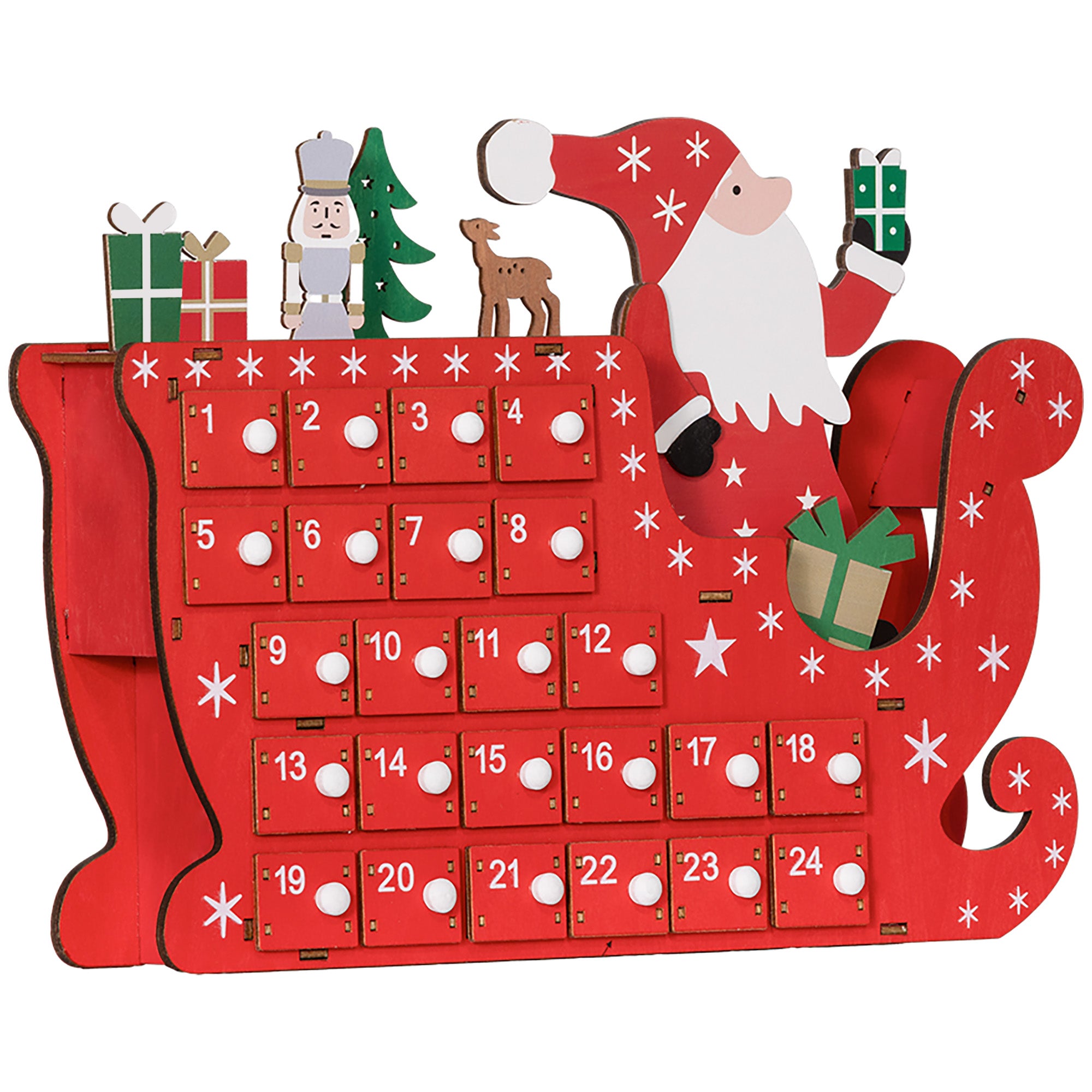 Calendrier de l'Avent à remplir en bois, décoration de Noël avec 24 tiroirs, Père Noël et traîneau, 22,5x8x36cm, rouge