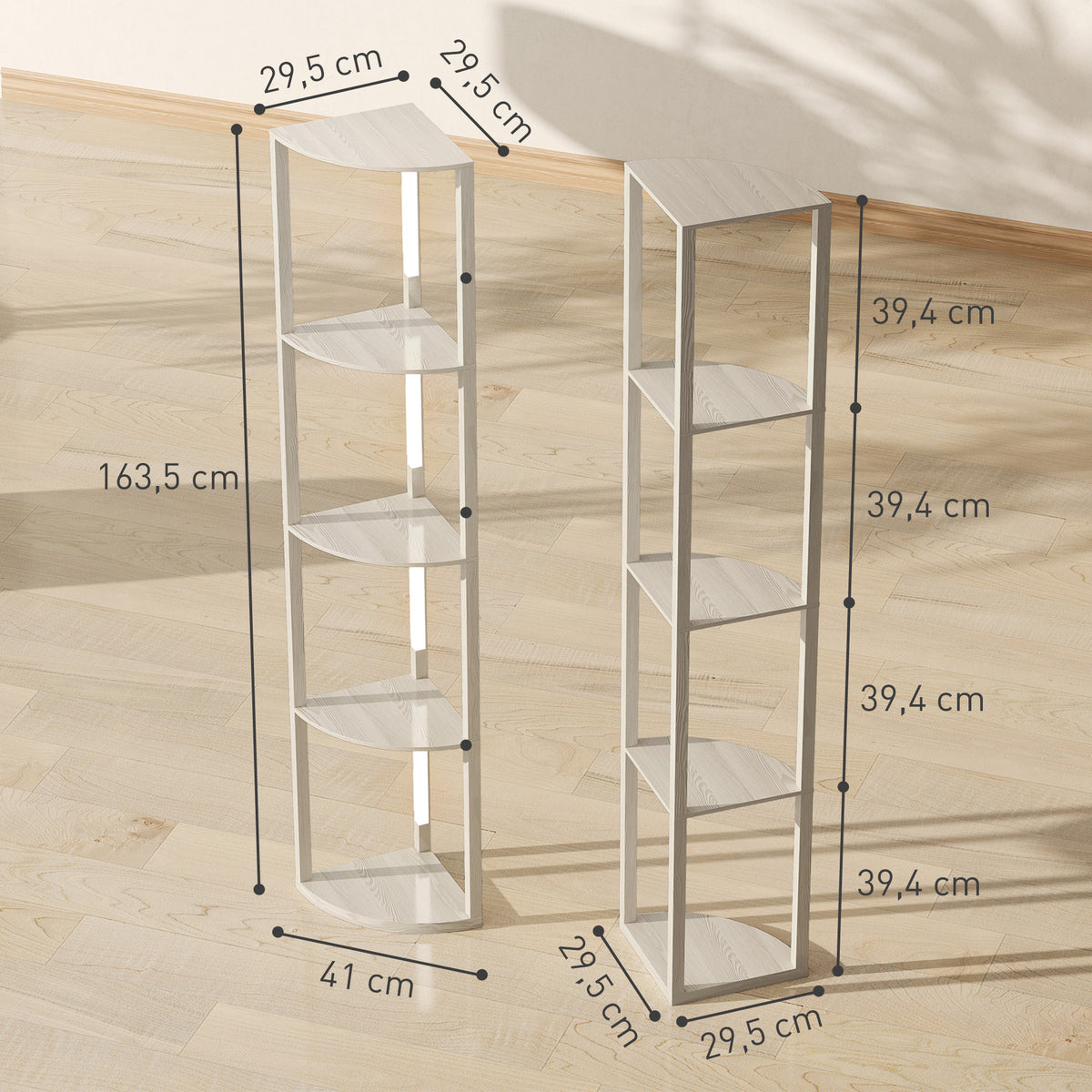 Lampadaire sur Pied Salon, Lampadaire avec Étagères d'Angle à 4 Niveaux, Lampe LED Dimmable, 41x29,5x163,5cm, Chêne