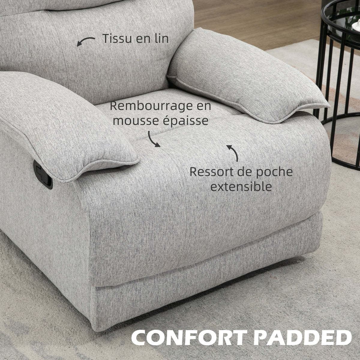 Sillón de relax reclinable manualmente con reposapiés ajustable, tejido efecto lino gris claro