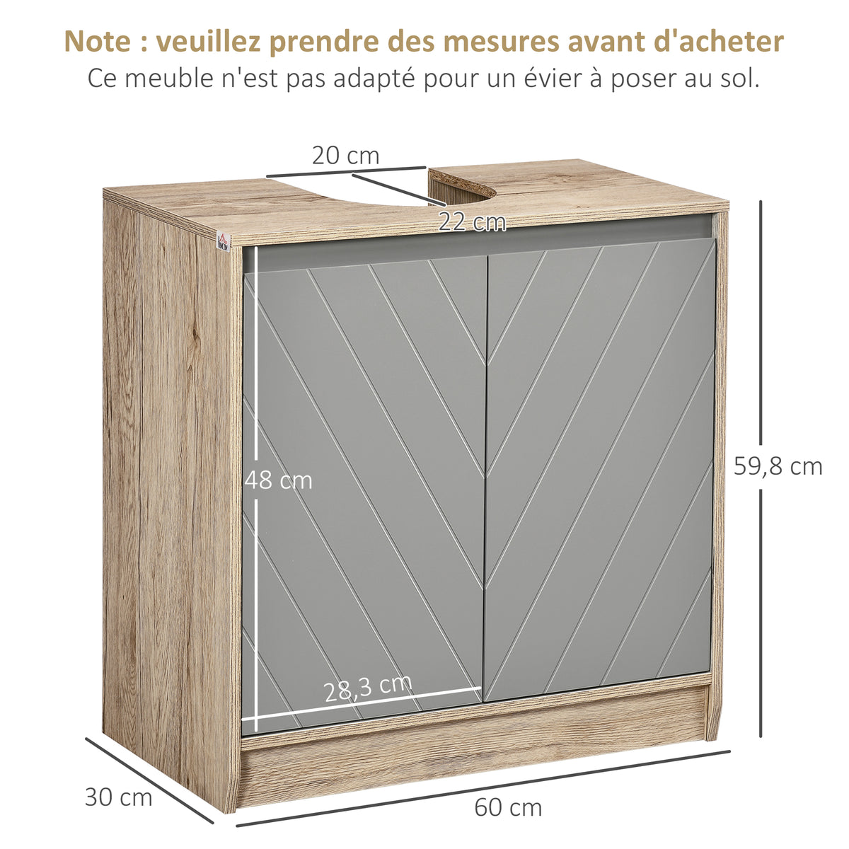 Meuble salle de bain sous Lavabo - meuble sous-vasque - placard 2 portes avec étagère - 60L x 30l x 59,8H cm