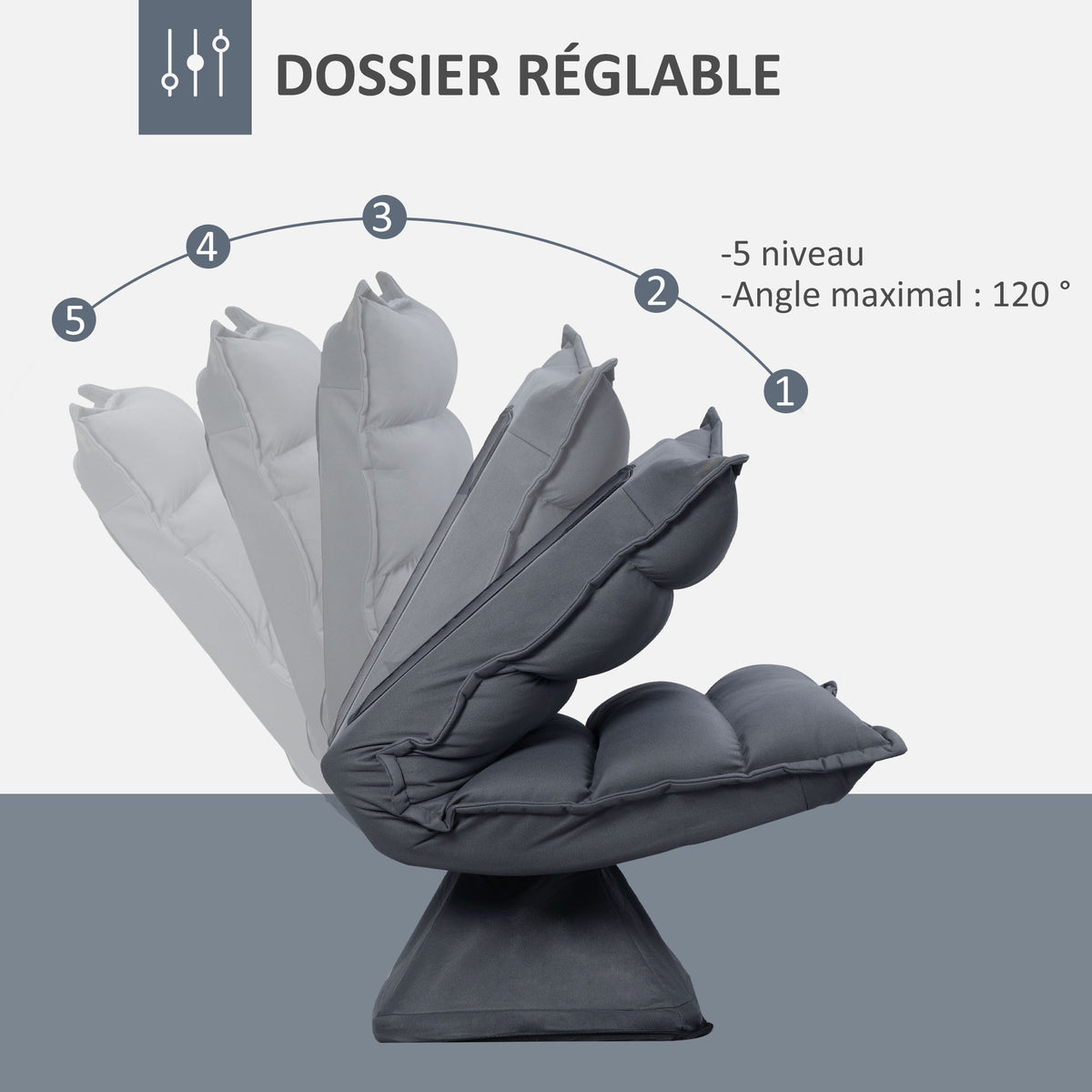 Fauteuil de sol paresseux pivotant 360° avec dossier inclinable design capitonné 62 x 62 x 95 cm gris foncé