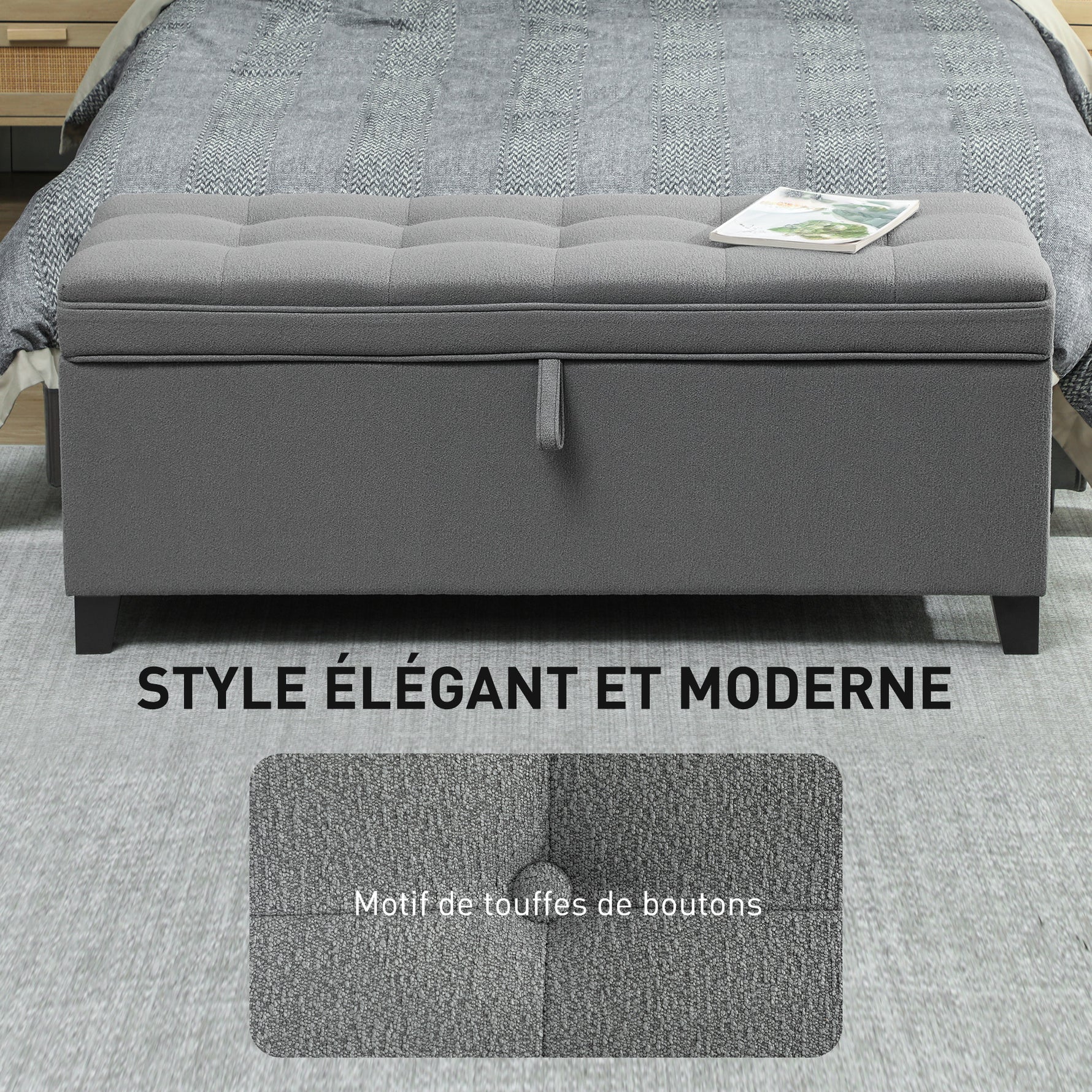 Banc de rangement 112L banquette bout de lit en tissu de lin, siège capitonné, 120 x 40 x 48 cm, gris foncé
