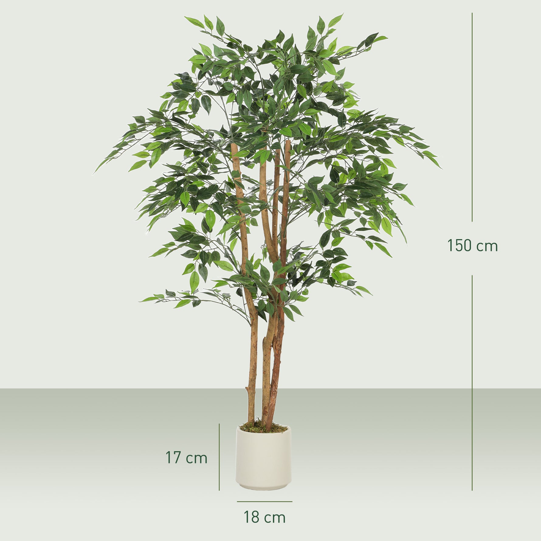 Plante artificielle intérieure 150 cm banian arbre artificiel, pot en plastique et tronc en bois massif, vert