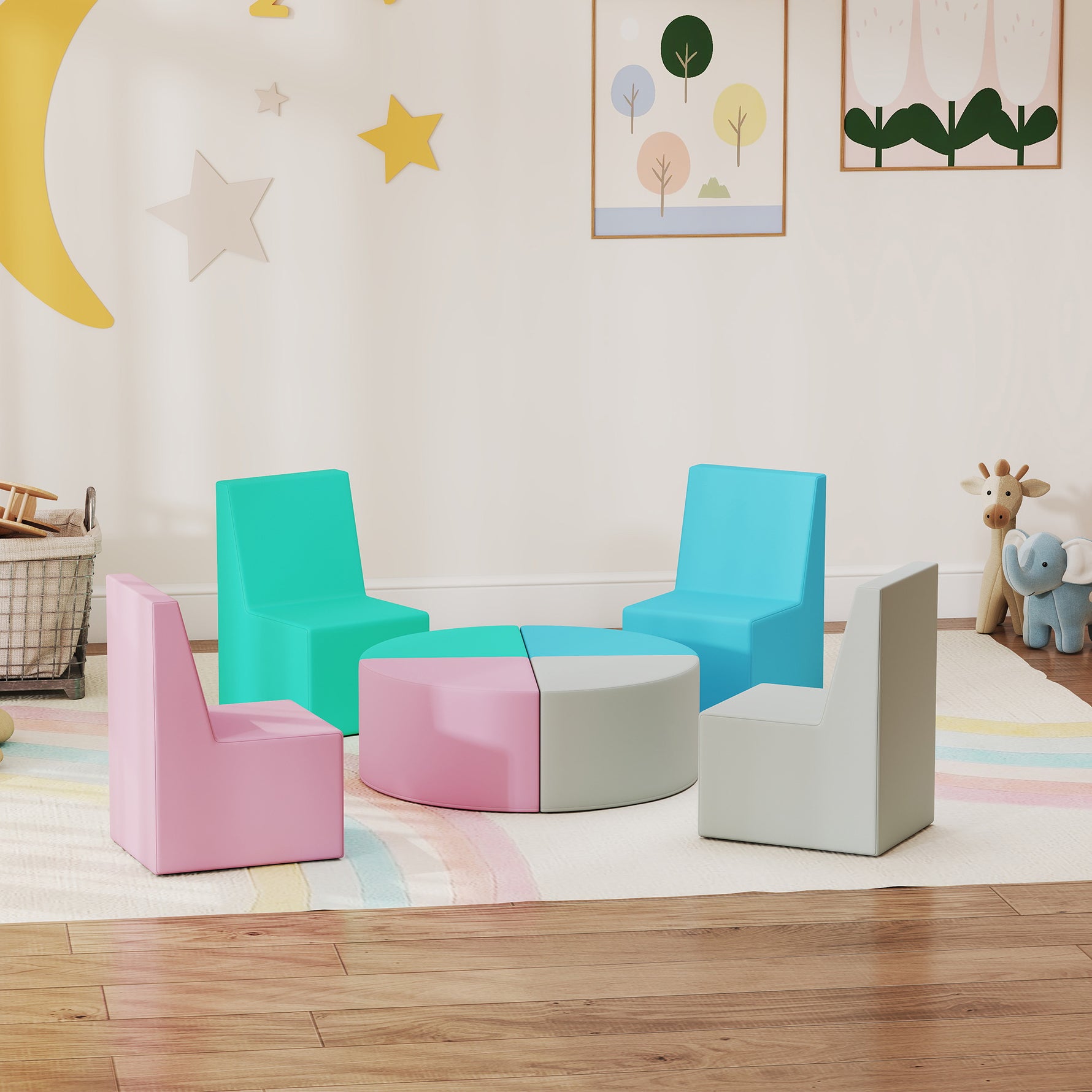 Parcours motricité bébé 8PCS, module motricité bébé mousse EPE et housse en PU, design table et chaises, multicolore