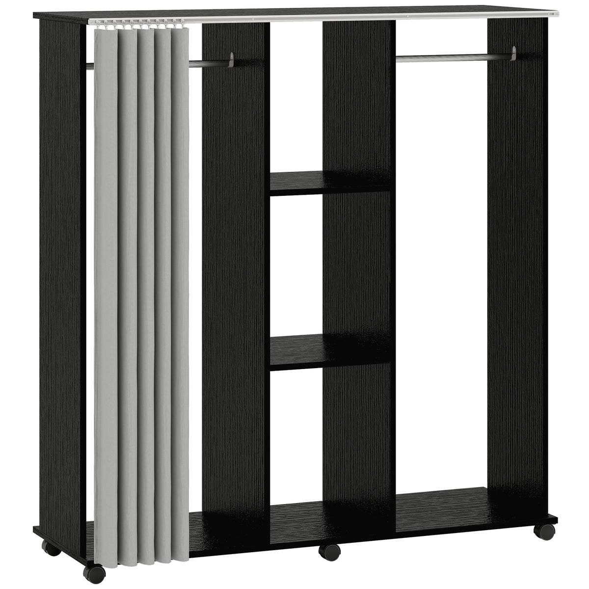 Armoire penderie Meuble de Rangement Mobile 6 roulettes 120L x 40l x 128H cm en bois Noir