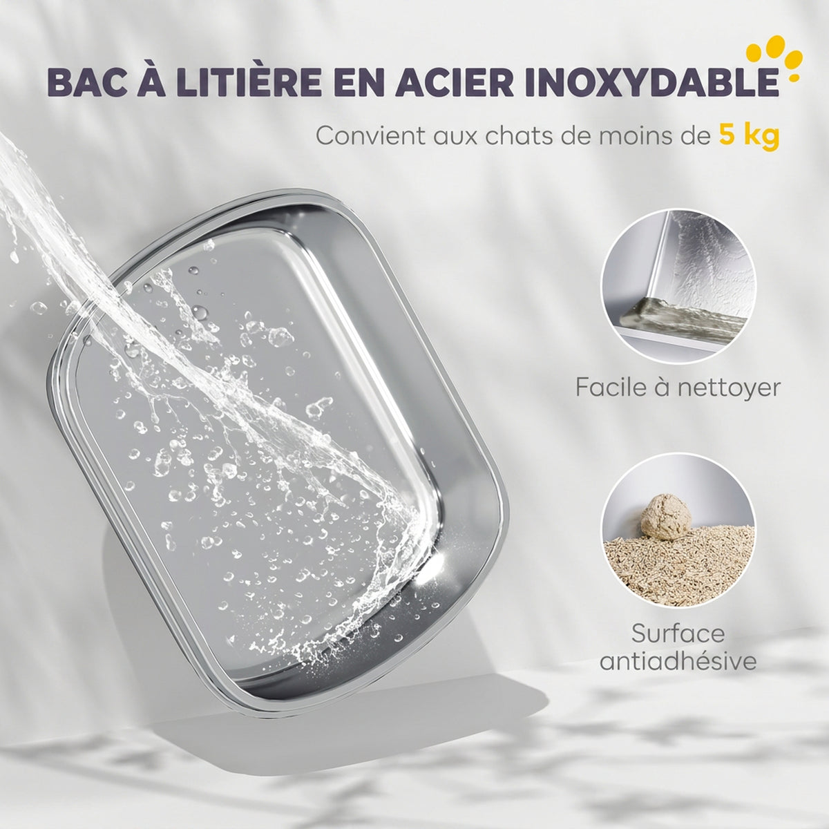 Bac à Litière Fermé en Inox, Couvercle Amovible, Entrée Frontale et Sortie Supérieure, Pelle, 52,4x41,3x39,8cm, Blanc