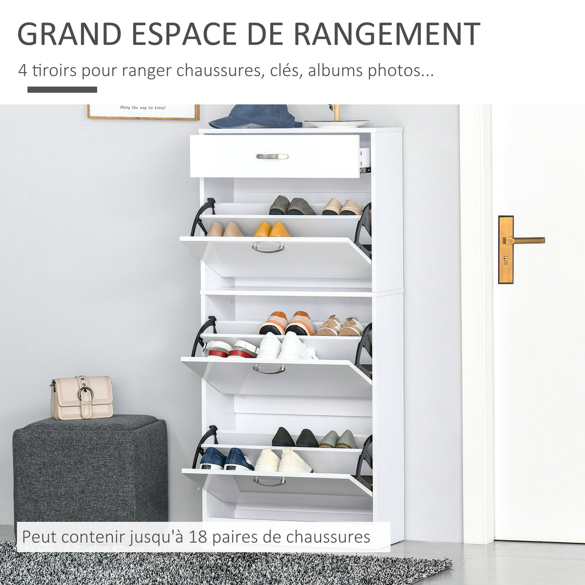 Scarpiera - 3 ante a ribalta e cassetto scorrevole - dim. 62L x 24P x 135A cm Bianco