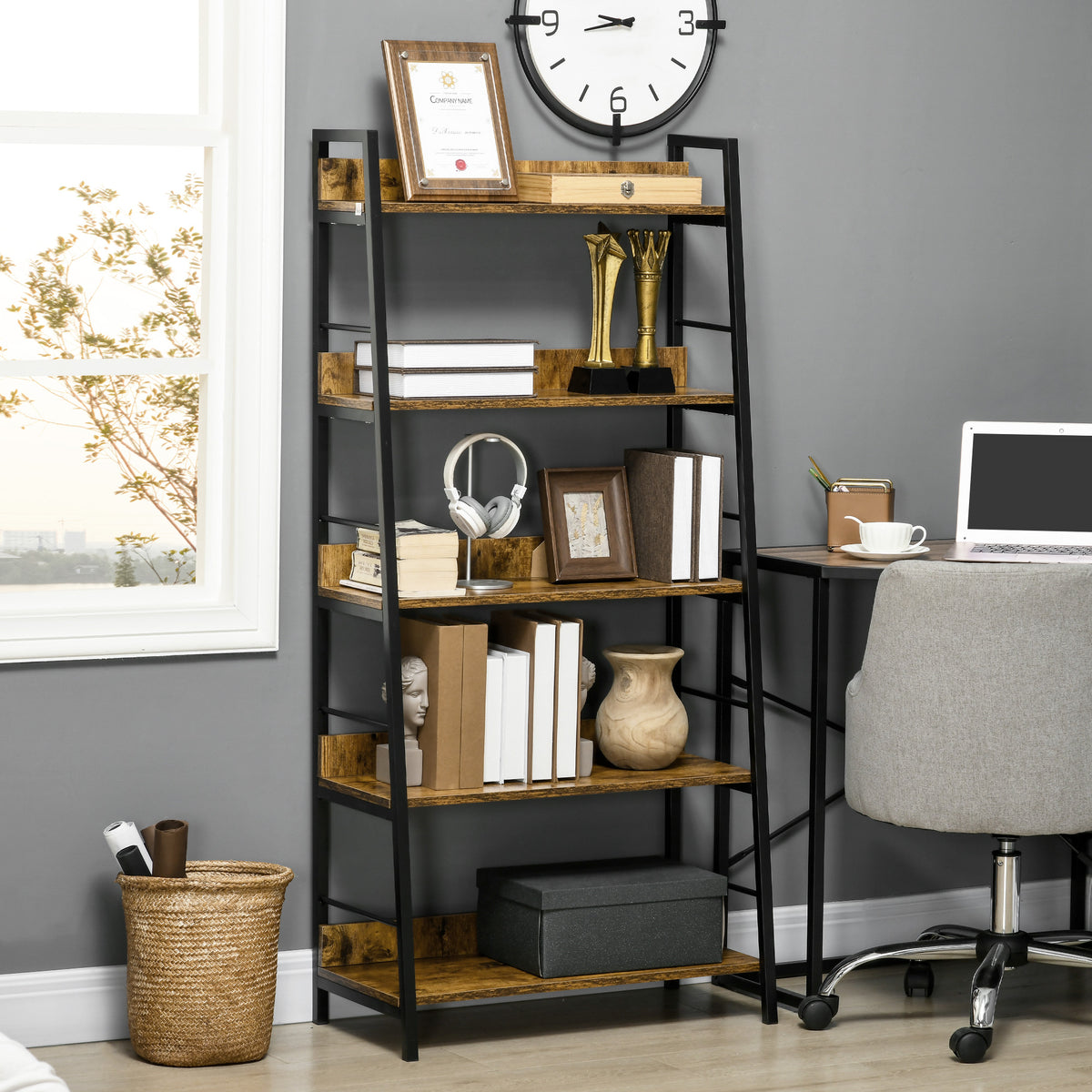 Étagère bibliothèque Style Industriel incliné 5 Niveaux 70L x 35l x 150H cm