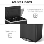 Poubelle de cuisine 2 compartiments de 2 x 20L, poubelle avec pédale, couvercle à fermeture douce 40 x 34,8 x 59 cm noir