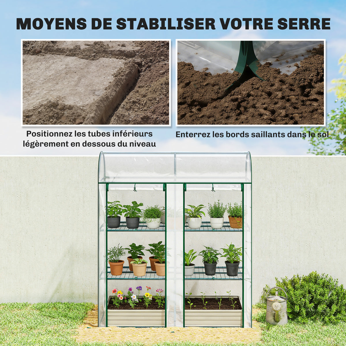 Serre de Jardin avec étagères 3 niveaux, Petite Serre en Bâche PVC et Châssis Acier, 2 Portes Roulantes, Transparent