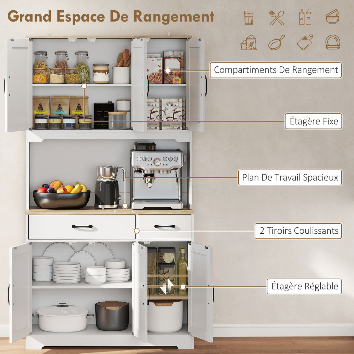Buffet haut cuisine armoire de cuisine avec 6 portes 2 tiroirs plan de travail étagères réglables 94x39,5x175,2cm blanc
