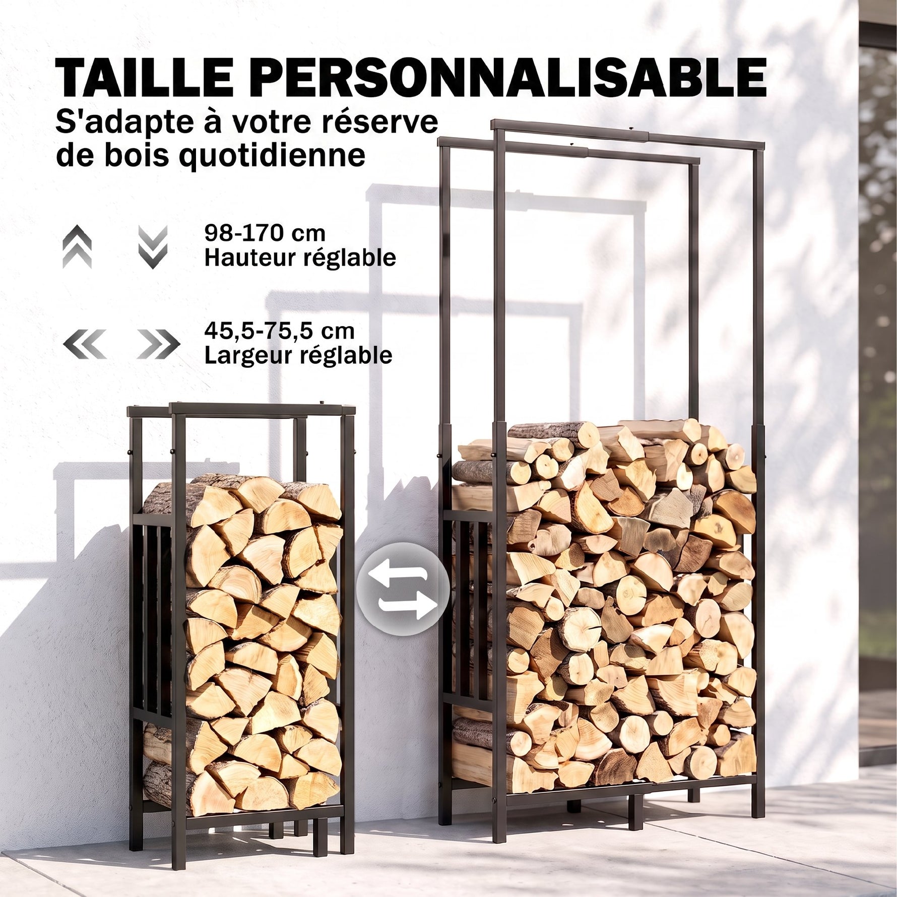 Range Bûches en Acier, Largeur & Hauteur Réglables, Étagère pour Bois de Cheminée, Charge 100 kg, 75,5x25x170cm, Noir