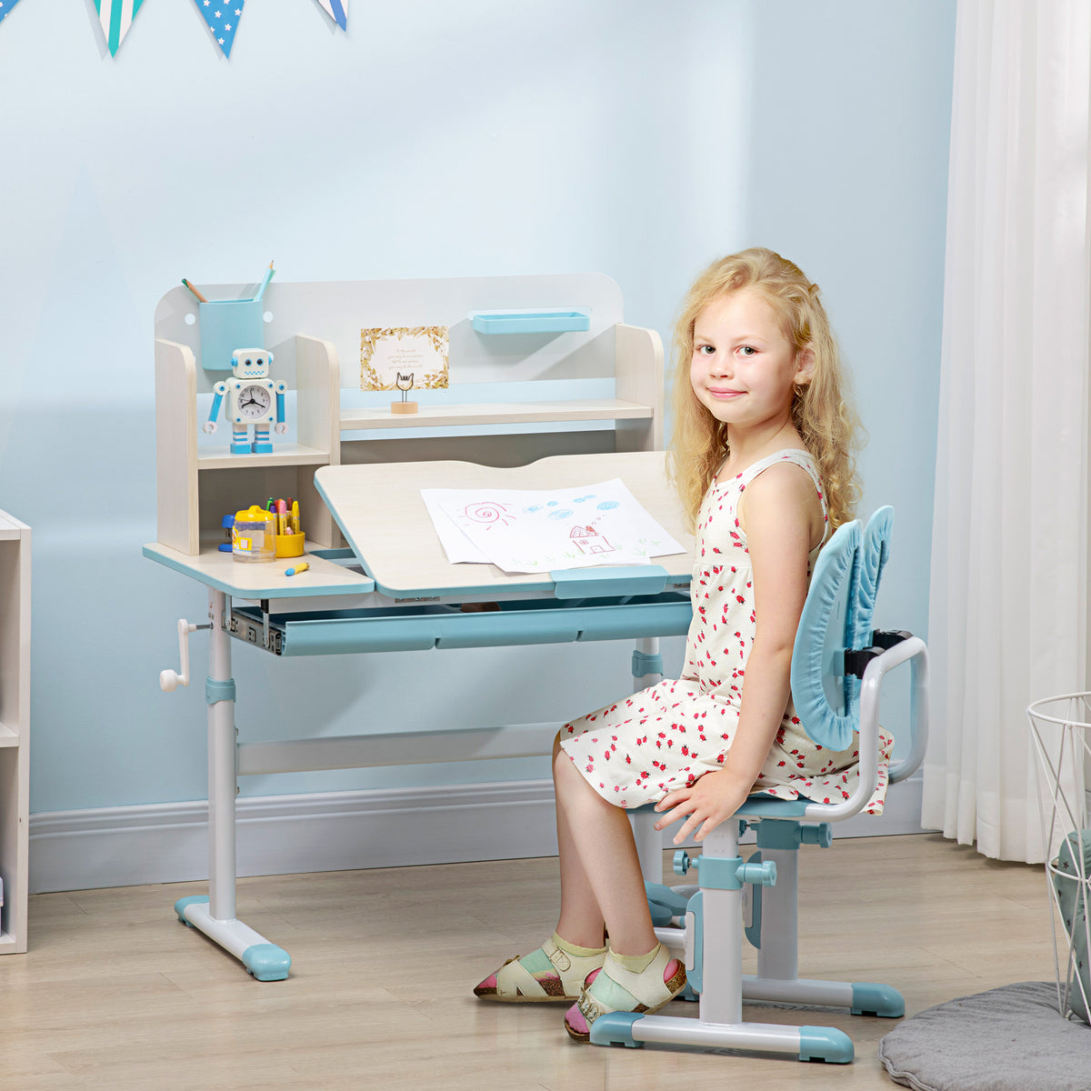 Ensemble bureau et chaise pour enfants hauteur réglable et plateau inclinable 0-60° table 80 x 52 x 88-109 cm bleu
