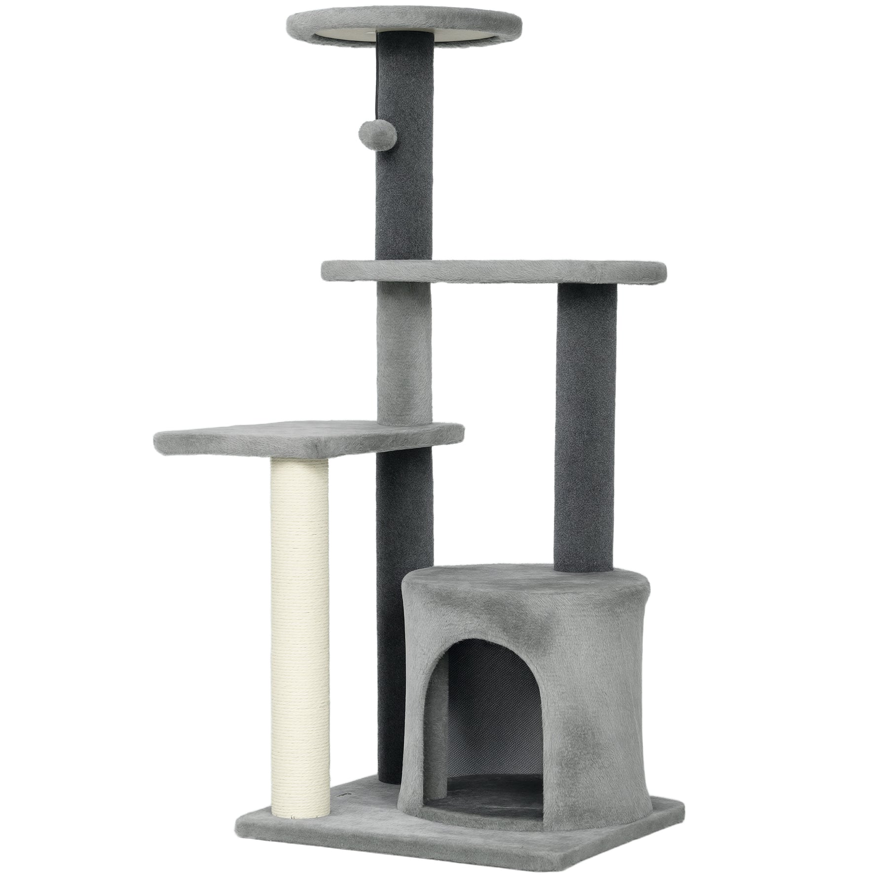 Arbre à Chat Hauteur 103 cm, Platesformes, Niche en Peluche, Balle en Peluche, Poteaux en Sisal, Base Renforcé, Gris