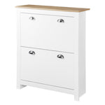 Meuble à chaussures 12 paires, armoire à chaussures étroite avec 2 tiroirs rabattables et étagères réglables, poignées coquilles métal, pour couloir, entrée, 79 x 23 x 90,5 cm, blanc et chêne