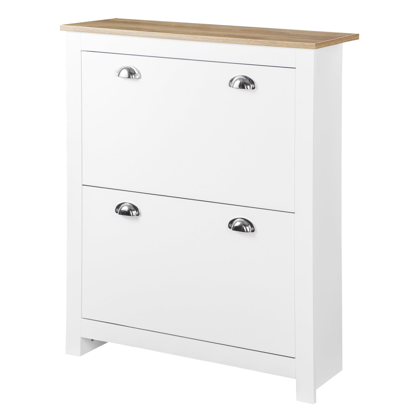 Meuble à chaussures 12 paires, armoire à chaussures étroite avec 2 tiroirs rabattables et étagères réglables, poignées coquilles métal, pour couloir, entrée, 79 x 23 x 90,5 cm, blanc et chêne