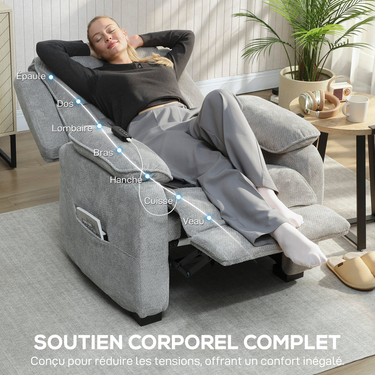 Sillón relax eléctrico, sillón reclinable, puerto USB, reposapiés, bolsillos laterales, mando a distancia, 86x90x103cm, gris claro