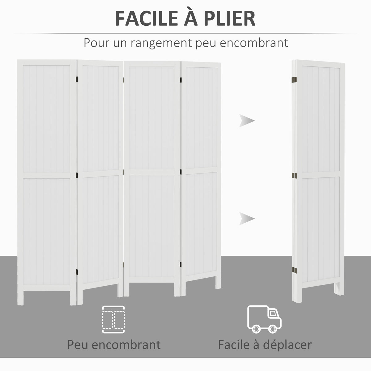 Paravent en bois séparateur de pièce closion intérieur pliable 4 panneaux en bois 160 x 170 cm blanc