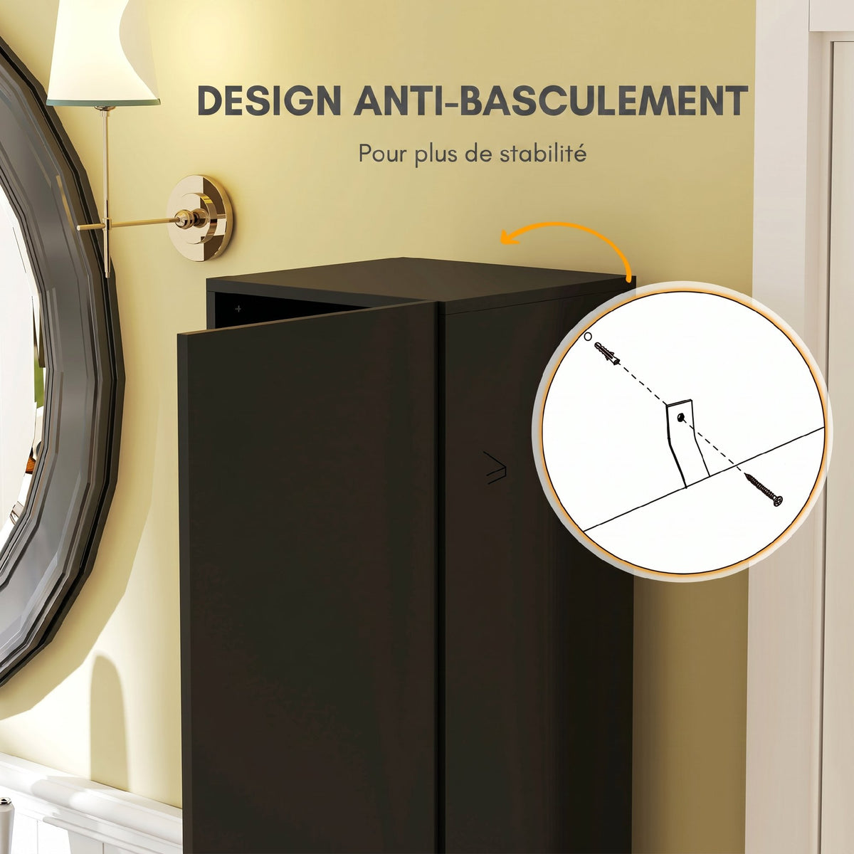 Meuble colonne de salle de bain 2 placards avec étagères réglables + 2 niches 30 x 30 x 181,5 cm noir