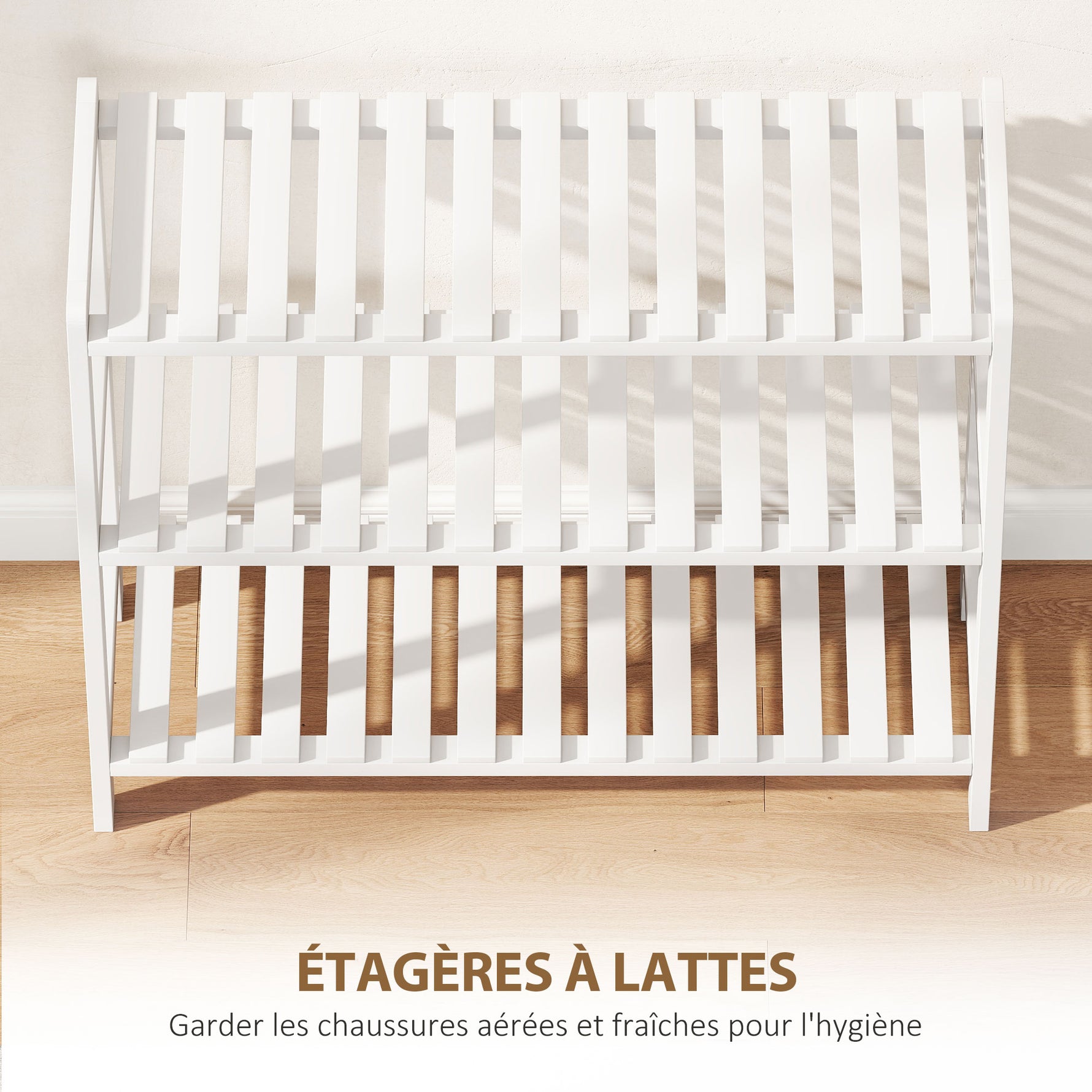 Étagère à chaussures, porte-chaussures 3 niveaux, étagères à lattes, en bois de pin， 70 x 26 x 57,5 cm, blanc