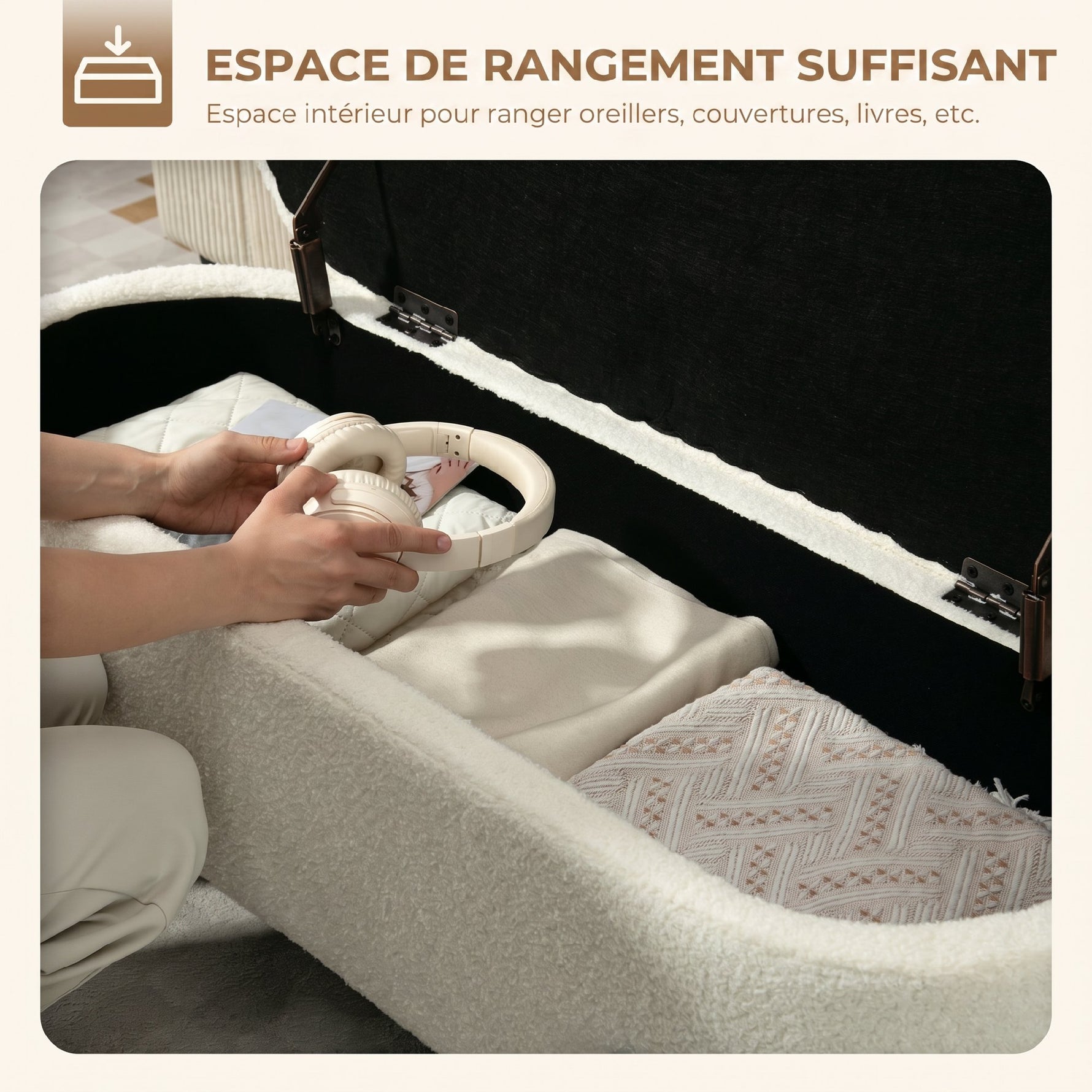 Banc de rangement, banc coffre de rangement en tissu bouclette avec couvercle relevable et pieds en acier, crème