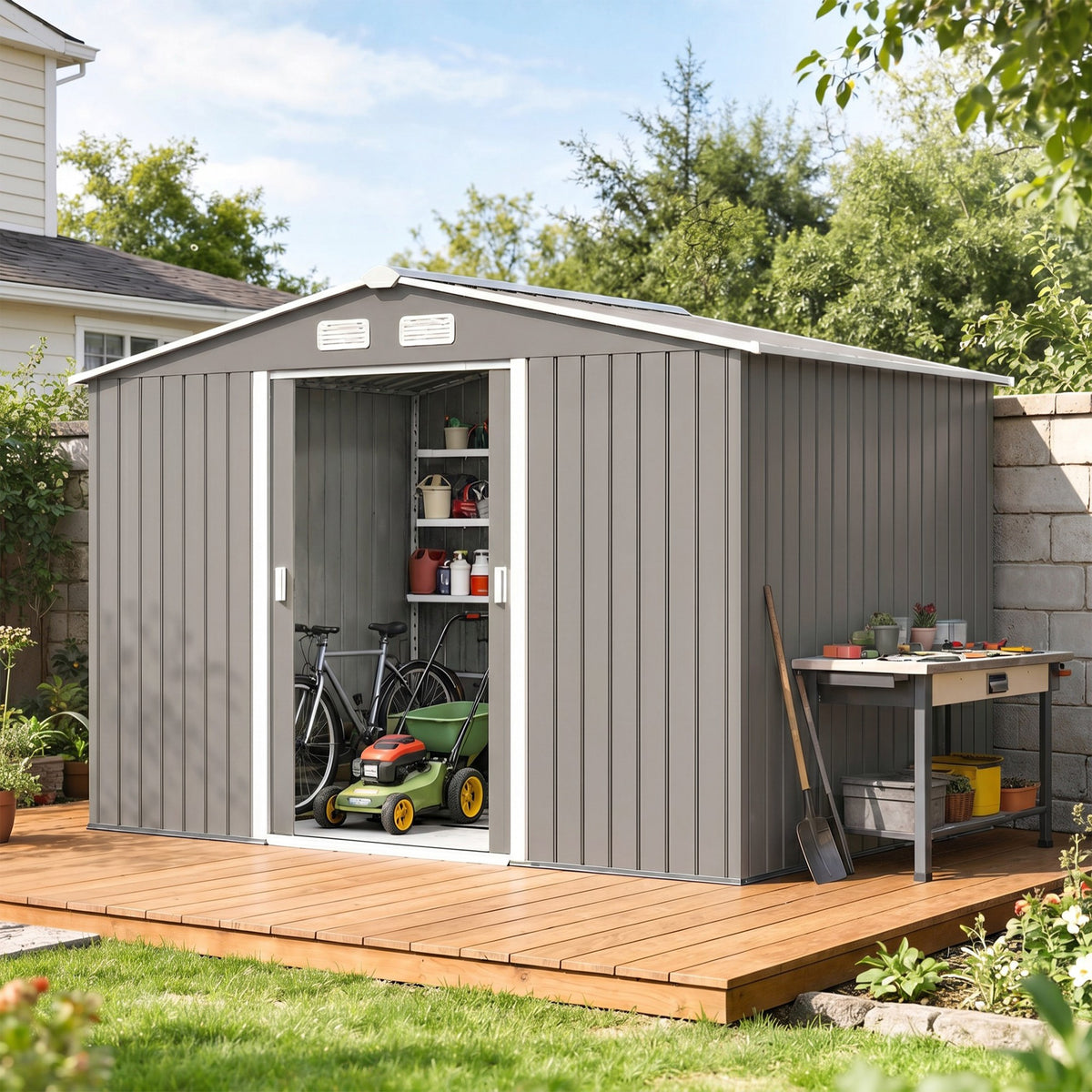 Abri de jardin 5,4 m² 2,77 x 1,95 x 1,92 m kit de fondation porte coulissante ventilations acier galvanisé, gris