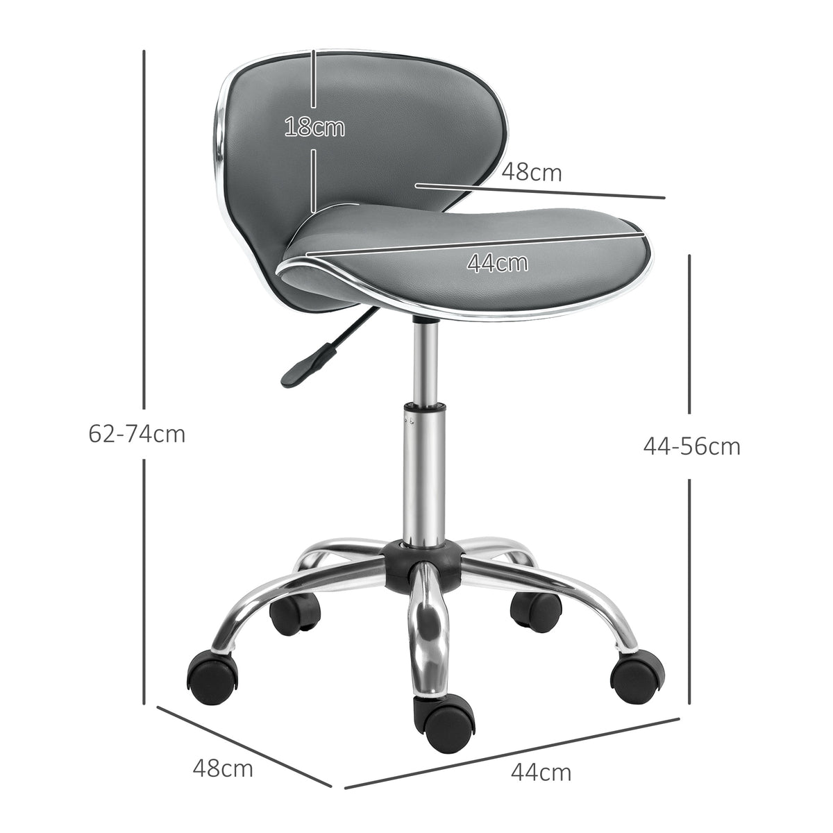Tabouret à roulettes tabouret de travail avec hauteur réglable 44-56 cm et dossier, pivotant 360°, gris
