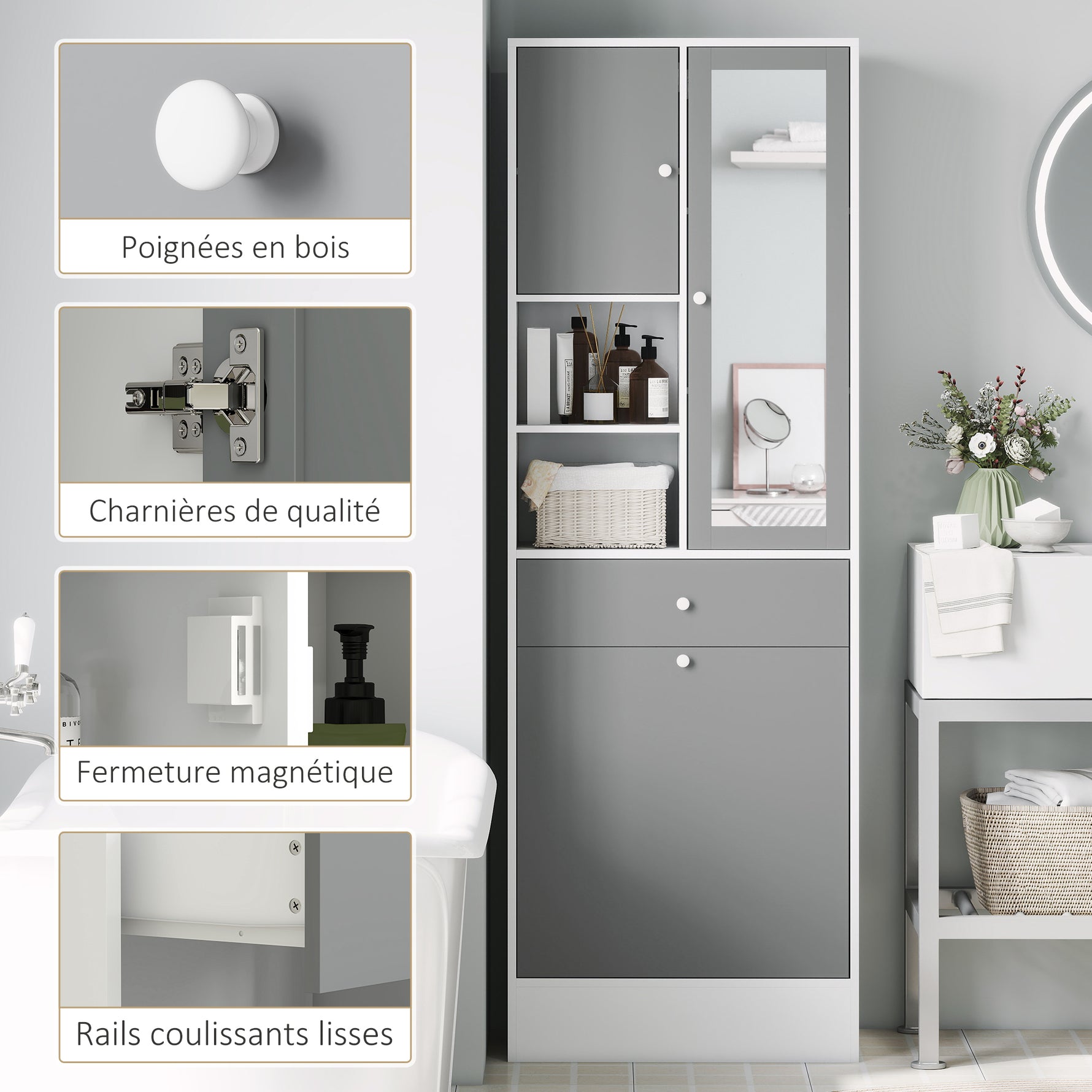 Meuble de salle de bain avec panier à linge et miroir étagère réglable 62 x 28,3 x 181 cm gris et blanc