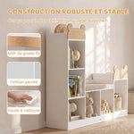 Bibliothèque Enfant, Meuble Rangement Enfant 3 en 1 avec Banc, 6 Compartiments, 2 Étagères, Coussin d'Assise, Blanc