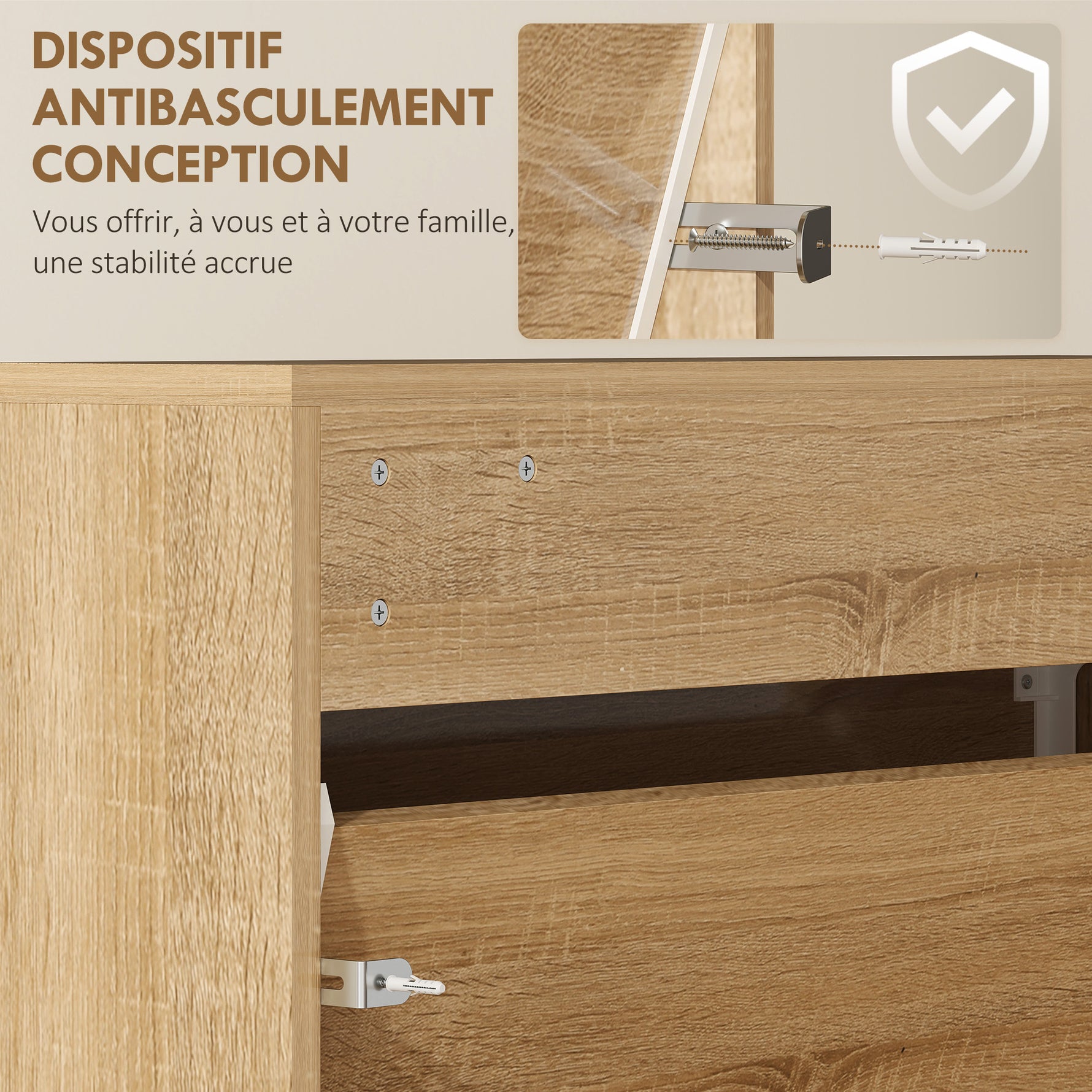 Meuble à chaussures 9 paires, armoire à chaussures étroite, 3 tiroirs rabattables portes miroirs, 65x17x114,5cm naturel