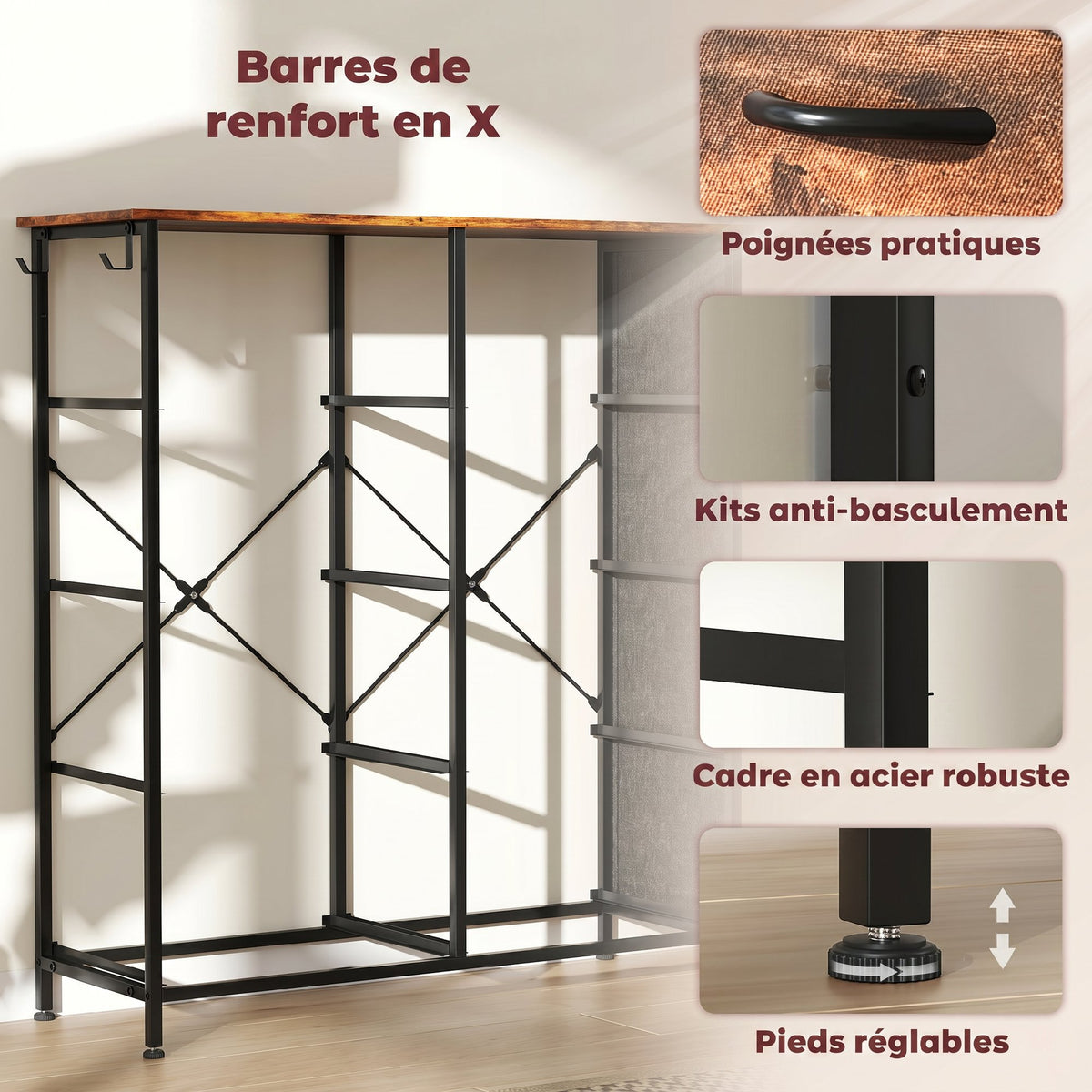 Commode 8 tiroirs en tissu, meuble de rangement, 4 poches, 2 crochets, structure en acier, 86x30x94,5cm, brun rustique
