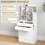 Coiffeuse avec miroir et tabouret de rangement mobile, table de maquillage, tiroirs, placard et étagères ouvertes, blanc