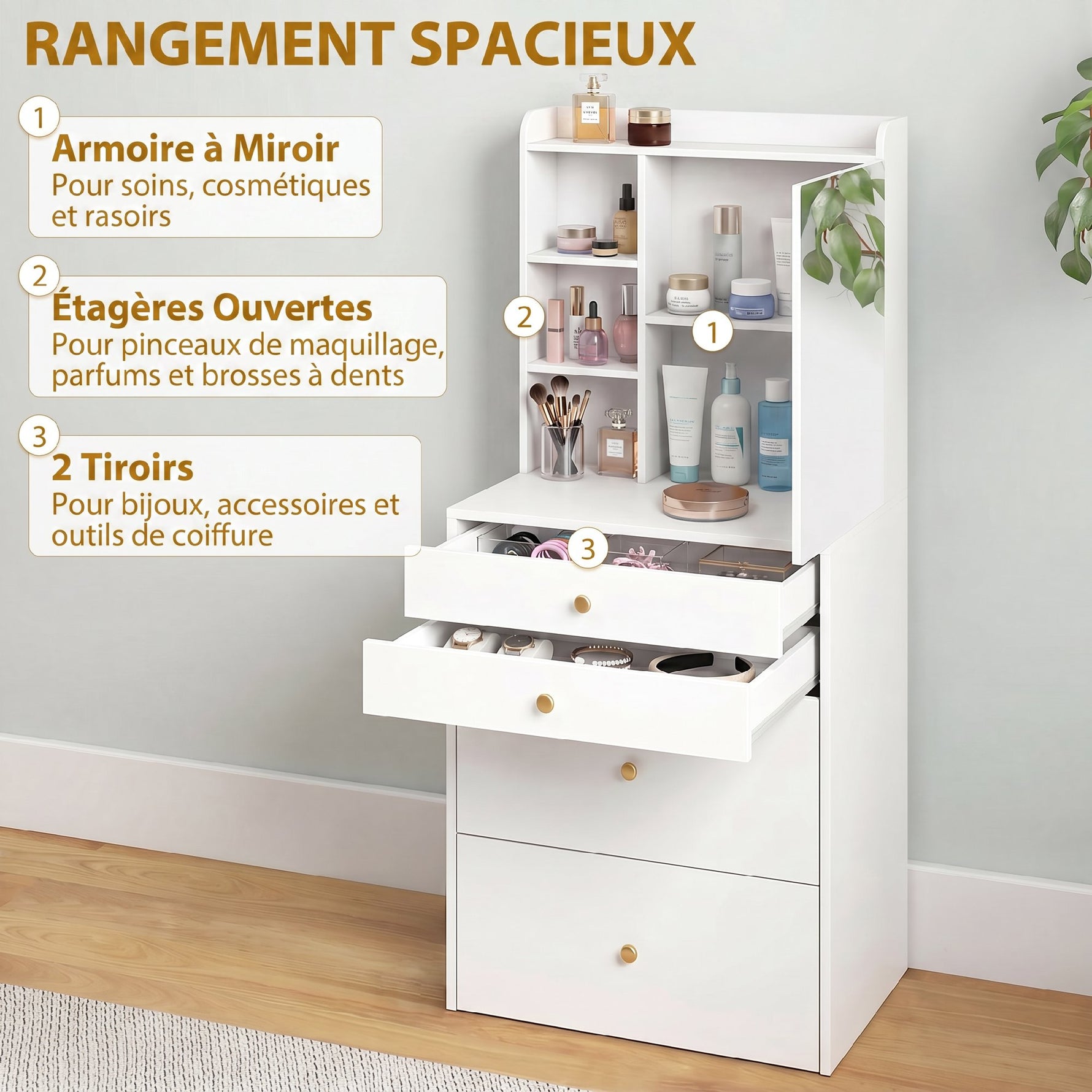 Coiffeuse avec miroir et tabouret de rangement mobile, table de maquillage, tiroirs, placard et étagères ouvertes, blanc