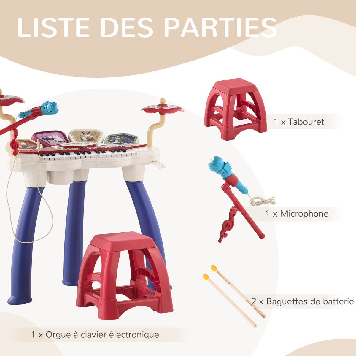 Ensemble de musique 2 en 1 pour enfant piano et batterie électronique avec micro et tabouret