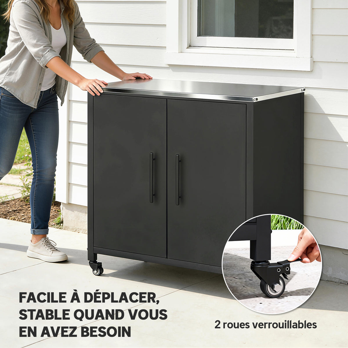 Gartenschrank aus Metall, Outdoor-Aufbewahrungsschrank, Edelstahl-Dach und Rollen, Schwarz