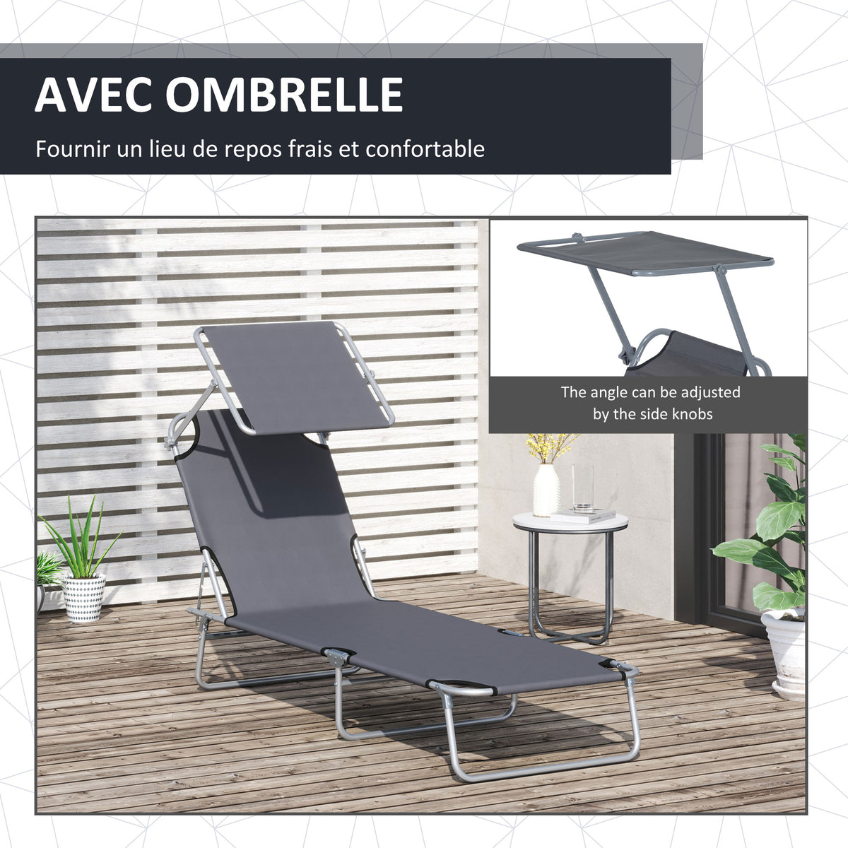 Lot de 2 Transats Bain de Soleil Pliable Chaise Longue Pliante Grand Confort Dossier Inclinable Pare-Soleil réglable