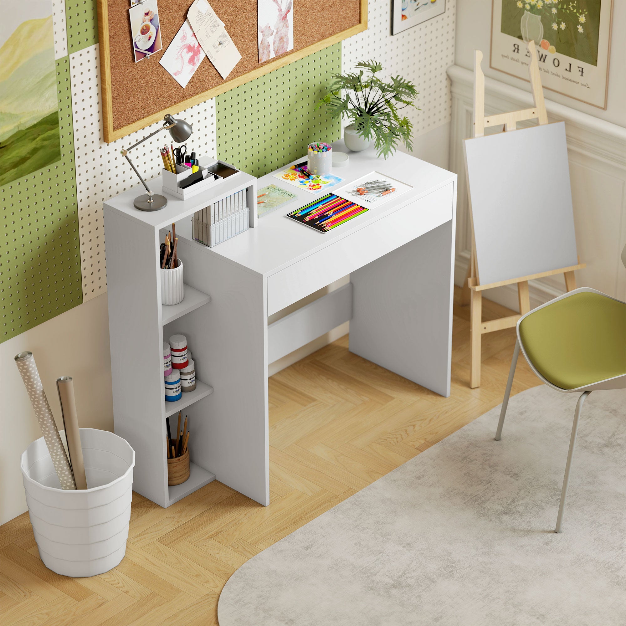 Bureau avec rangement, bureau d'ordinateur avec 3 étagères de rangement et tiroir, 100 x 40 x 90 cm, blanc