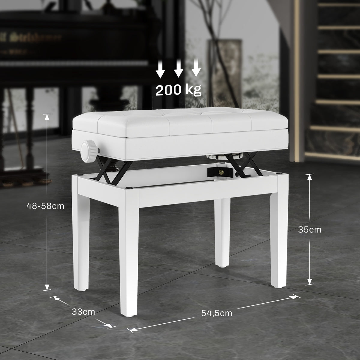 Banc de piano, banc de clavier réglable en hauteur en bois massif, compartiment de rangement, 55 x 33 x 48-58 cm blanc