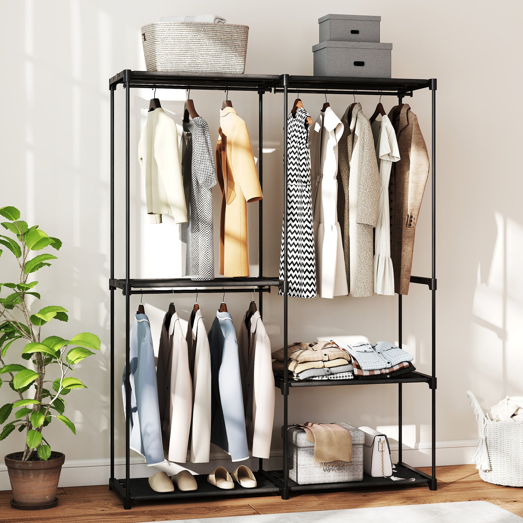Armoire de rangement, penderie portable avec 3 barres de suspension et 4 étagères, 142 x 43 x 185 cm, noir