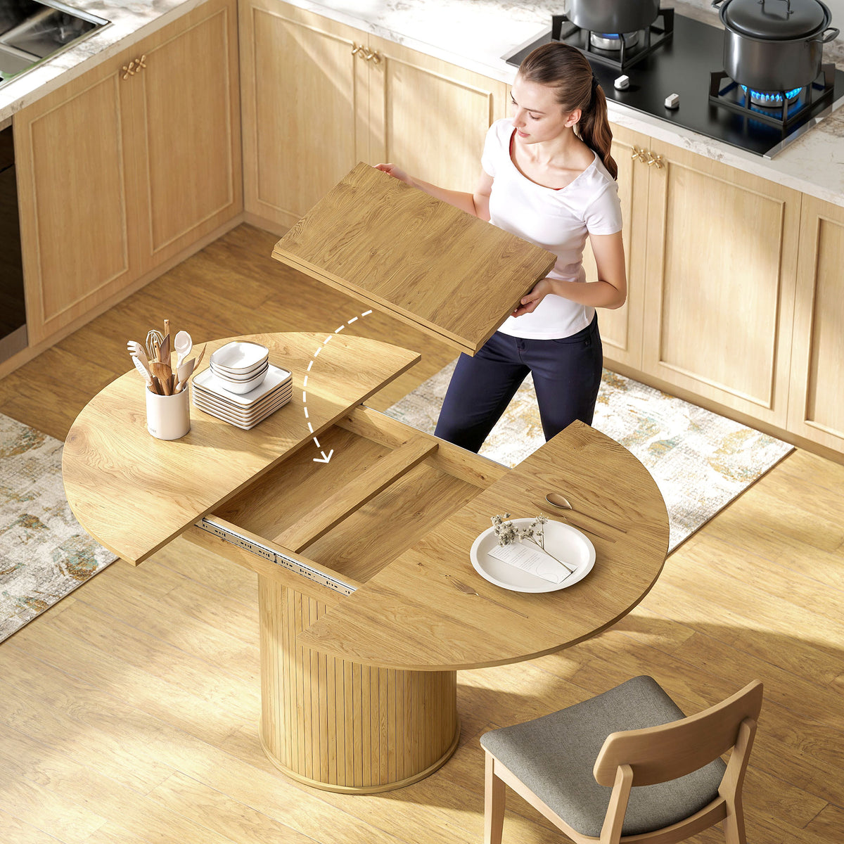 Mesa de comedor extensible, mesa de cocina, para 6 a 8 personas, 110-150 x 75 cm, efecto madera natural
