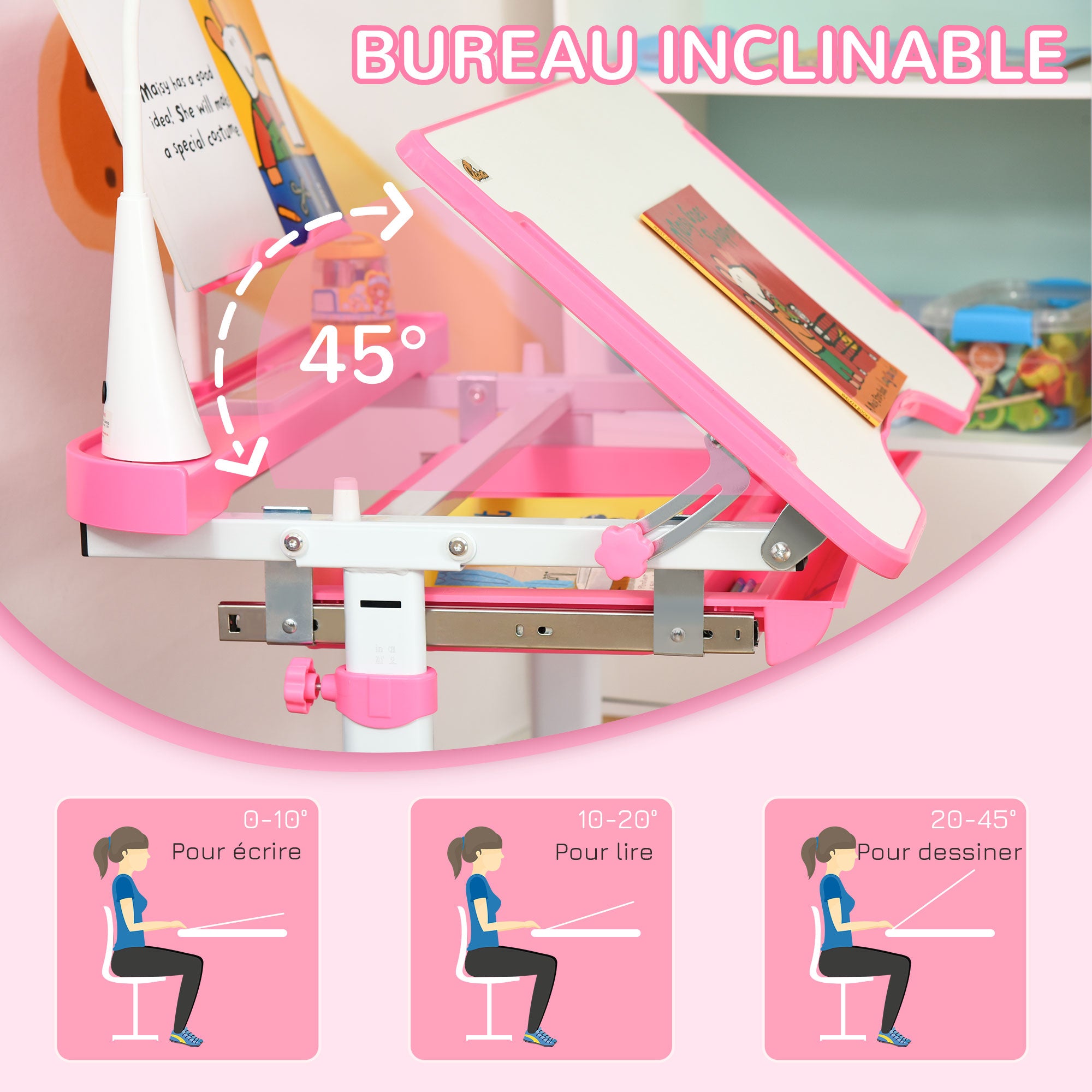 Ensemble chaise et bureau pour enfants avec lampe LED hauteur réglable plateau incliné support de lecture rose
