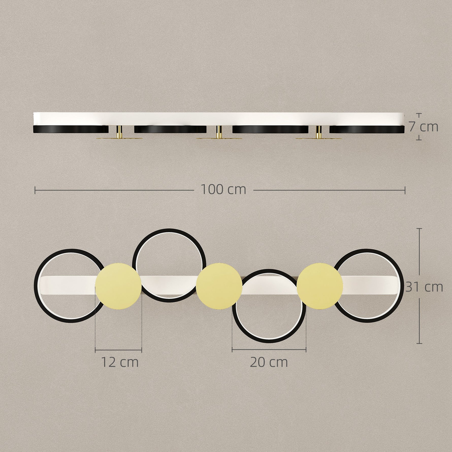 Plafonnier LED 38W, luminaire plafonnier 4 lumières à montage affleurant, télécommande, 100 x 31 x 7 cm, doré et noir