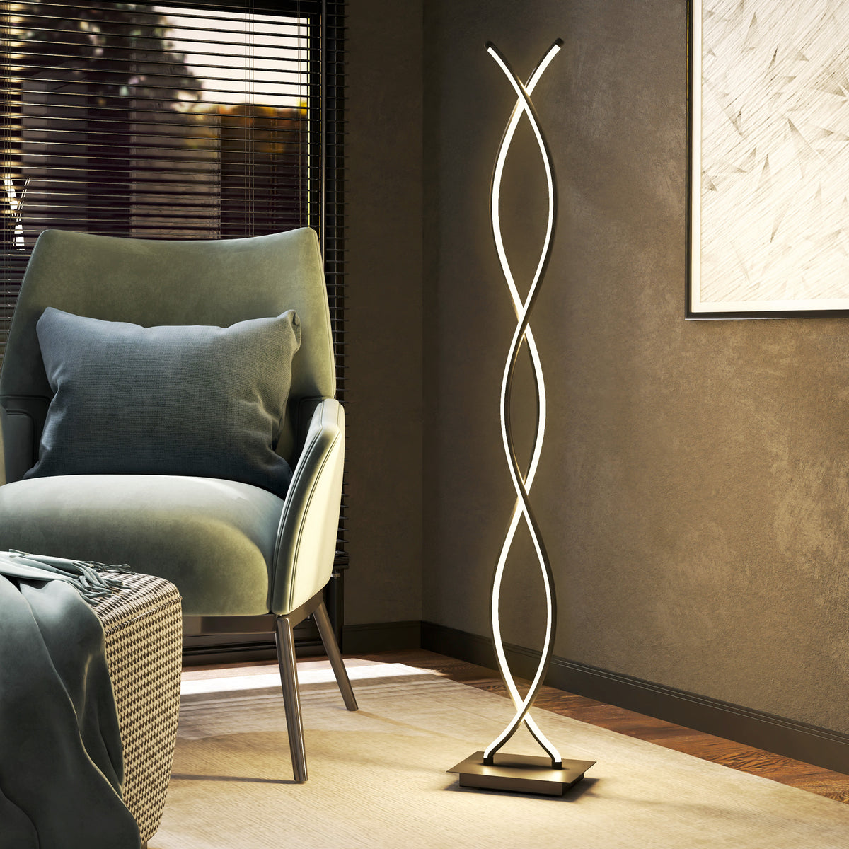 Lampadaire sur pied salon, lampe salon 3 niveaux de luminosité réglables à double spirale avec interrupteur à pied, noir