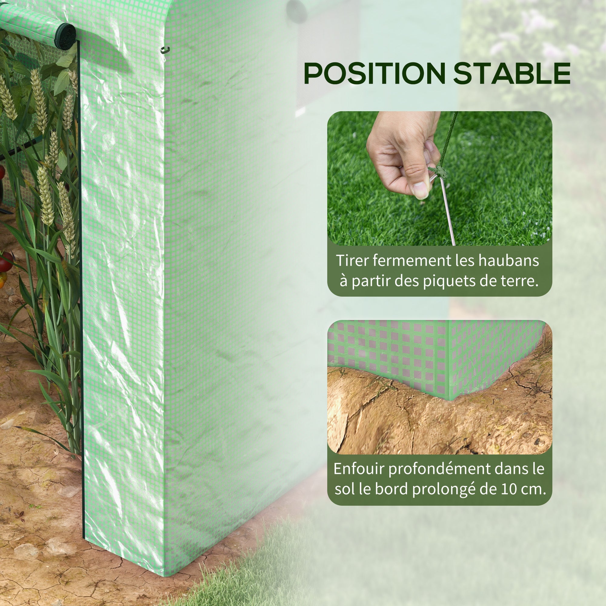 Serre de jardin 2,8m² avec 1 grande porte enroulable et 2 fenêtres, dim. 200L x 140l x 200H cm, vert