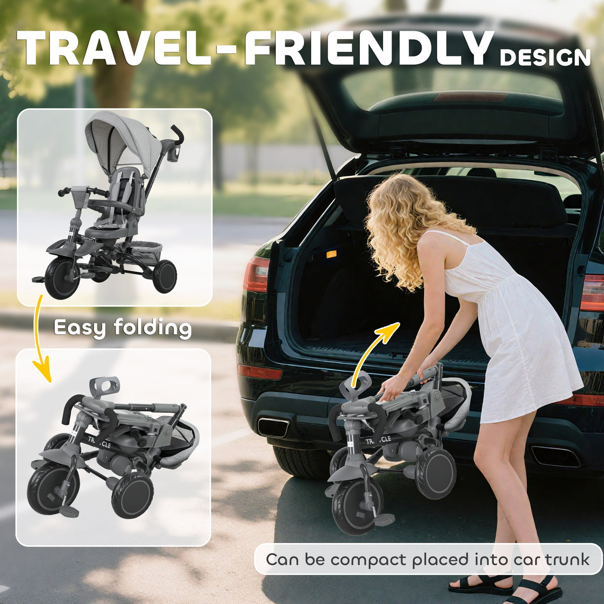 Tricycle bébé évolutif 6 en 1, tricycle enfant pliable avec poignée parentale réglable, siège pivotant 360°, gris